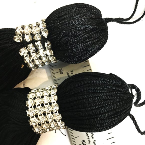 Halloween Curtain Tie Backs Black Fringe Tassels With Rhinestones Set of Two - Picture 5 of 6